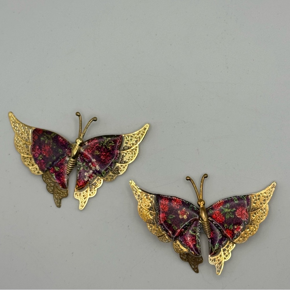 Vintage Gold Tone Butterfly Magnets Enamel Filigree Wings Decorative Set